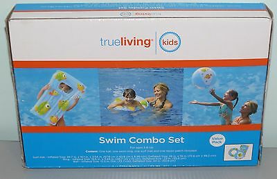 True Living Swim Pool Combo Set Surf Mat Swim Ring Ball Ages 3+ NEW