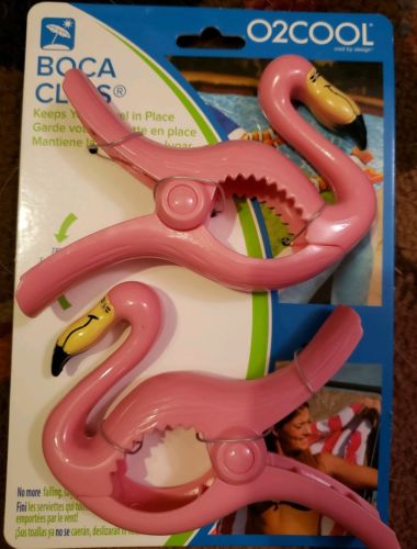 NIP O2 Cool Set of 2 FLAMINGO Boca Beach Pool Towel Chair Clips