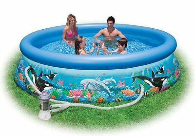 Inflatable Swimming Pool Set w Filter and Cover Family Size Round Large Swimmer