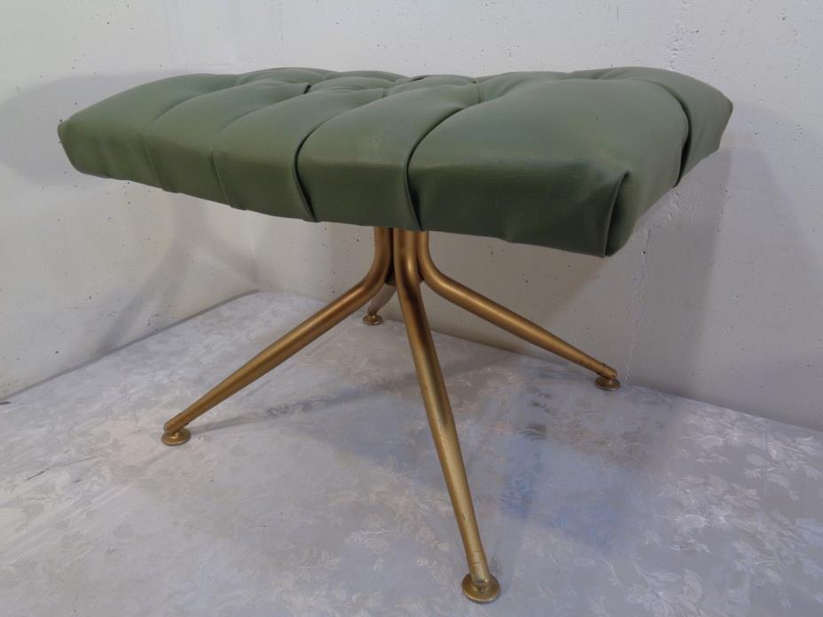 Vintage Mid Century Modern Tufted Green Vinyl Ottoman Foot Stool Vanity Stool