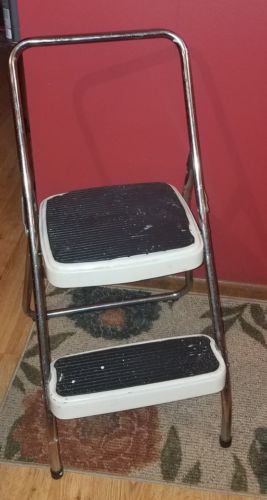 RETRO Vtg COSCO 2-Step Folding Stool Ladder~CHROME/METAL w/Rubber Tread!