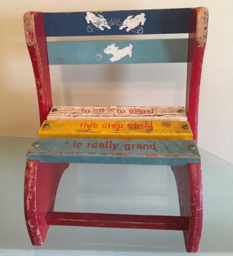 Vintage Toidey Wood Step Up Sit Down Folding Stool Kids Child's Wooden Chair USA