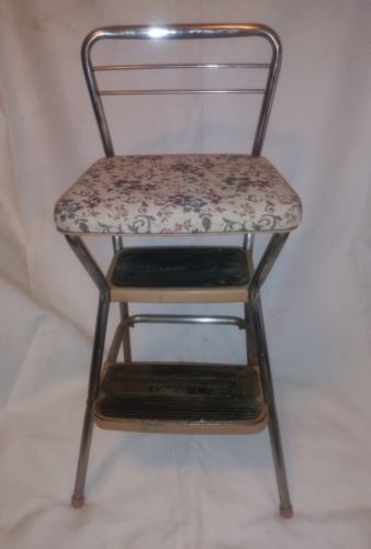 Vintage Cosco Tan & Chrome Metal Step Stool Kitchen Chair Reupholstered Seat