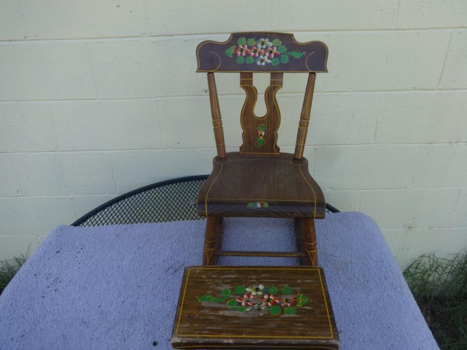 Vintage J. S. Ebersol Rocking Chair & Matching Foot Stool Wood Hand Painted 1973