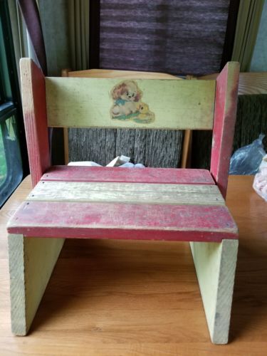 Antique Toddler Wooden Stepstool Chair Puppy Duck Decal