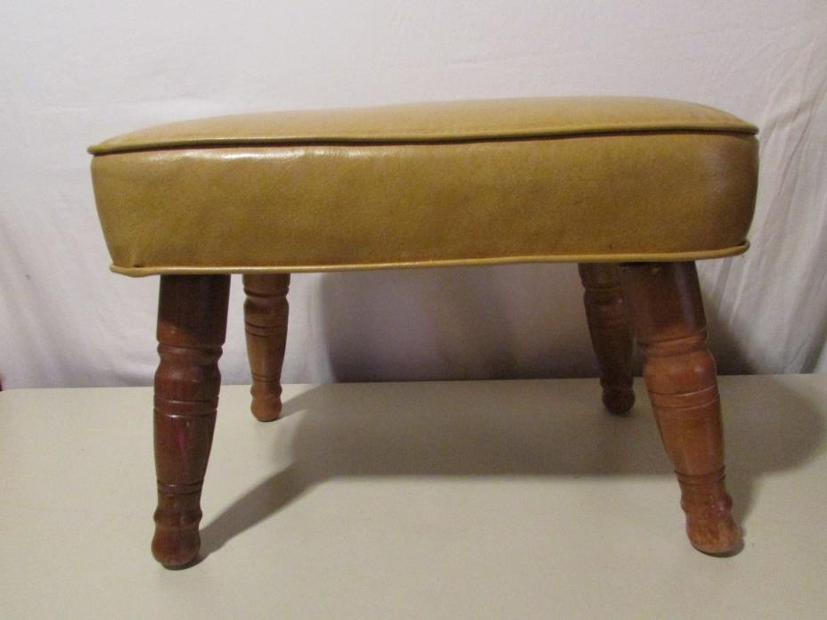 Vtg mid century retro vinyl Foot Stool Turned WOOD legs Harvest Gold/Yellow/Tan