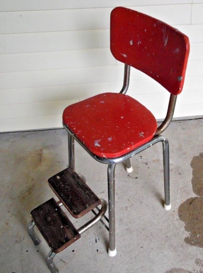 Vtg  Step Stool Chair w/ Flip Out Steps Chrome/ Red Vinyl Paint Spattered Beauty