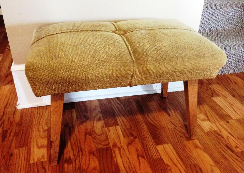 Vintage Padded Gold Bench Seat Mid Century Square Tapered Legs Textured Fabric