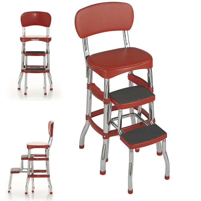 Step Stool Chair Red Retro Counter Padded Vintage Style Kitchen Pantry Ladder