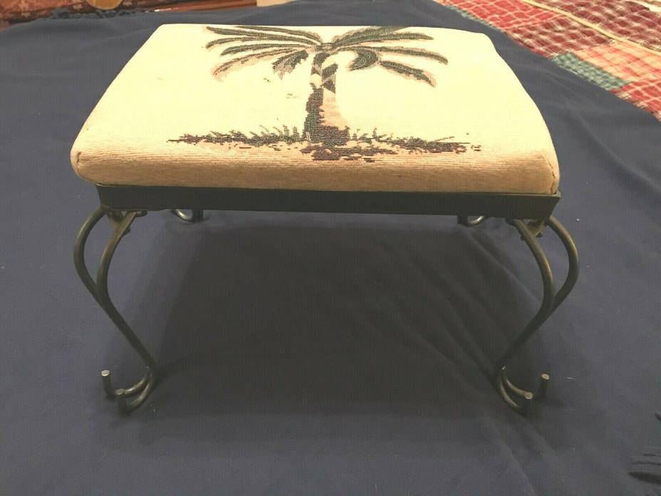 PRE-OWNED PADDED TOP METAL FOOT STOOL - SCROLLED LEGS & PALM TREE FABRIC TOP