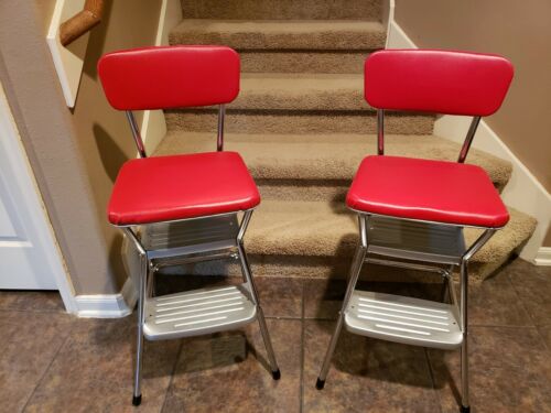 Vintage Cosco Step Stools w/ Flip Up Seat  - Red & Silver!!!