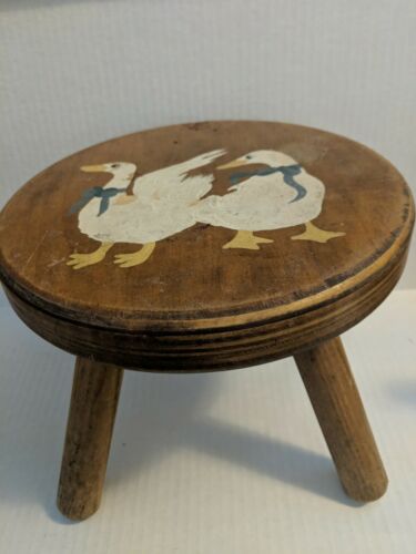 Four Legged Wood Milking Stool, Painted ducks