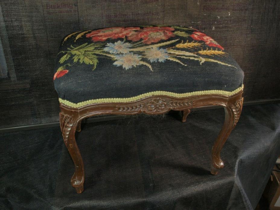Vintage Carved Wooden French FOOTSTOOL Ottoman Needle Point