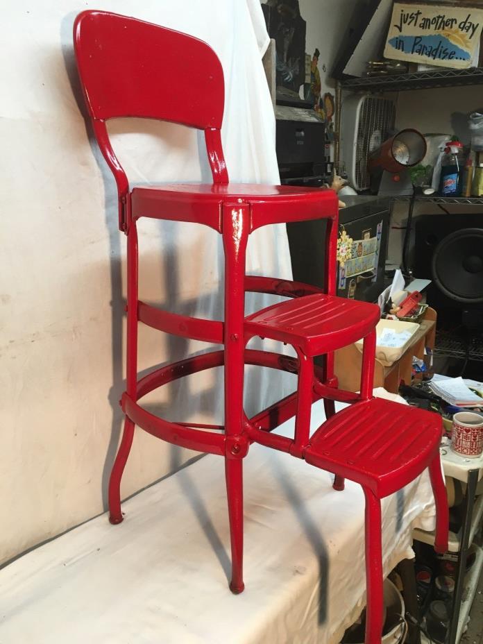 Vintage  Kitchen Step Stool Metal  Retro Mid Century Pull Out Step Stool Red