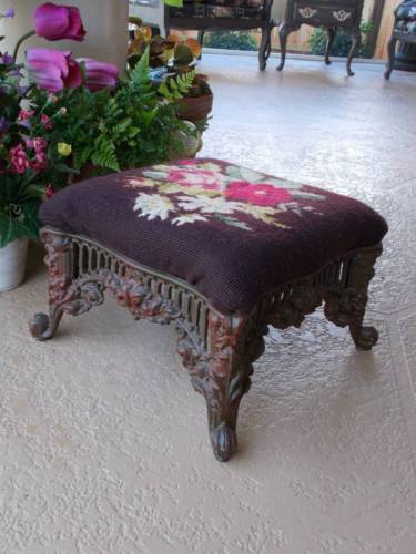 vintage ornate cast iron FOOT STOOL floral needlepoint victorian french country