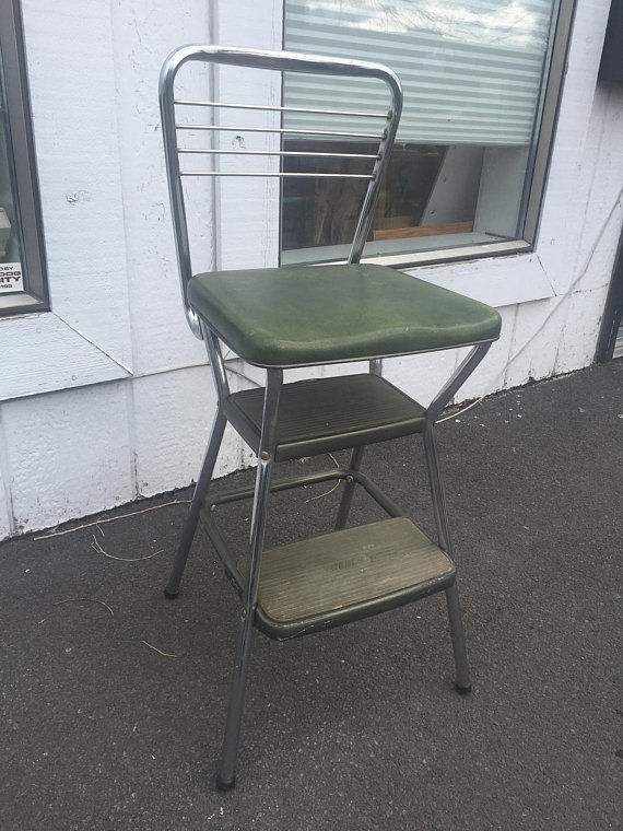 Vintage Mid-Century Cosco Flip Up Seat Step Stool Chair Chrome / Green Vinyl