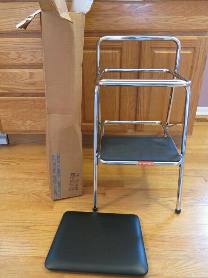 Vintage Cosco Folding Step Stool Chair Mid-Century Modern Kitchen Chrome & Black