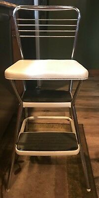 Vintage Cosco Step Stool White Kitchen Flip Top Vinyl with Chrome