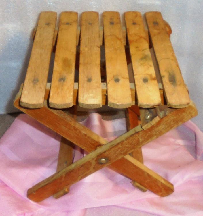 Vintage Wooden Slat Folding Stool Bench Chair