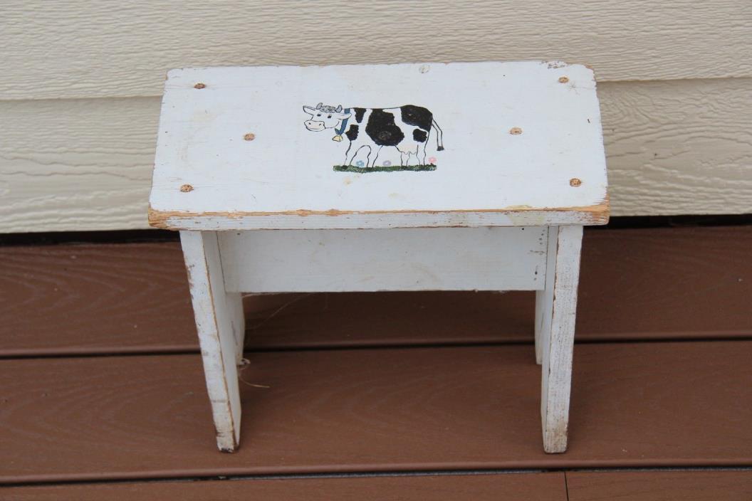 Vintage Wood Stool w/ Cow Primitive, Shabby Chic Home made 1991