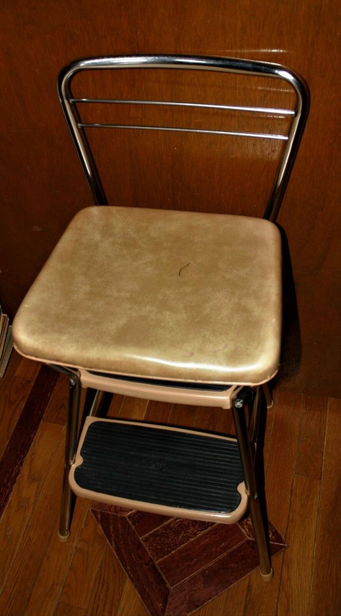 Vintage Cosco Kitchen Chrome Step Stool with Flip Up Brown / Tan Seat