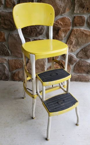 Vintage Mid Century Cosco Step Stool Kitchen Counter Chair yellow and chrome 35