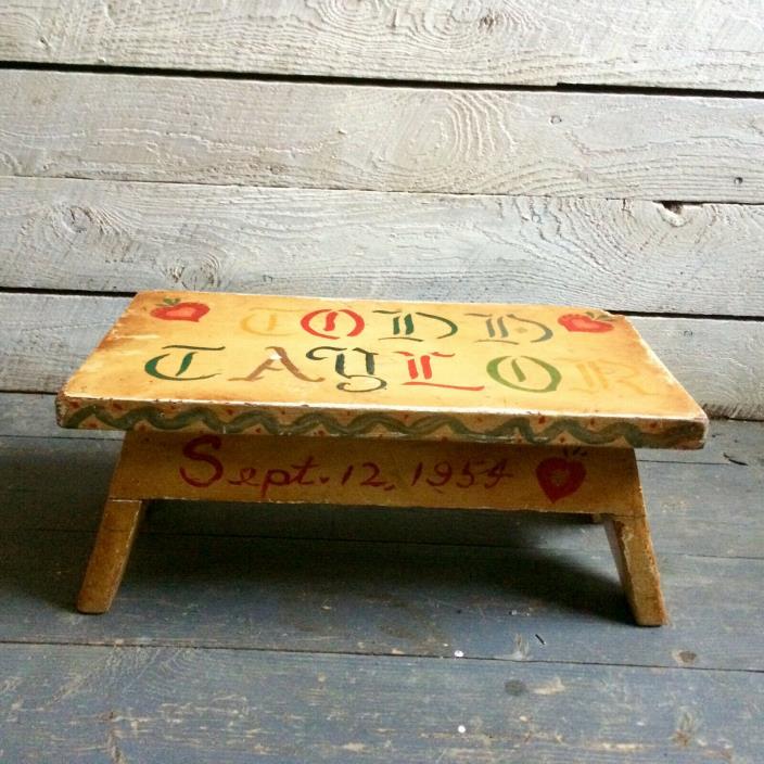 Handmade Step stool - 50s 1950s - hand painted  - yellow - rustic - farmhouse -
