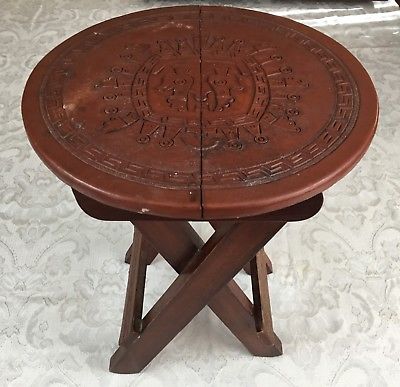 Vintage Solid Wood Folding Foot Stool Plant Stand Decorative Leather Overlay