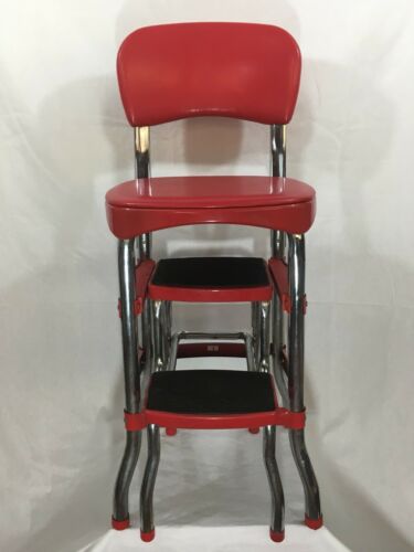 Vintage Retro Cosco Pullout 2 Step Kitchen Chair & Stool Red Vinyl & Chrome EUC!