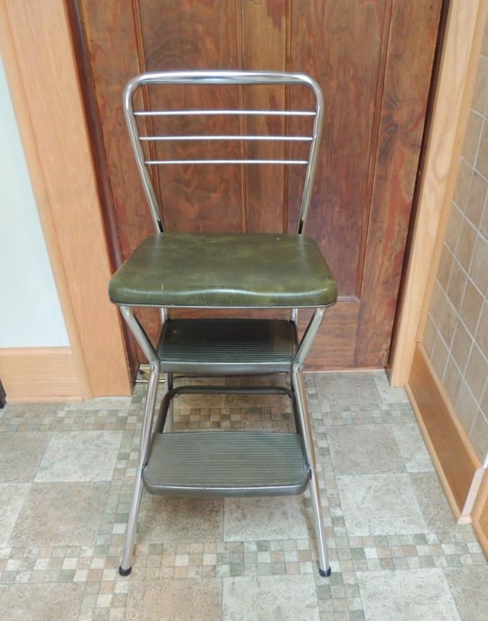 Vtg Cosco Flip Seat Step Stool Chair Chrome/ Green Vinyl Steampunk Industrial