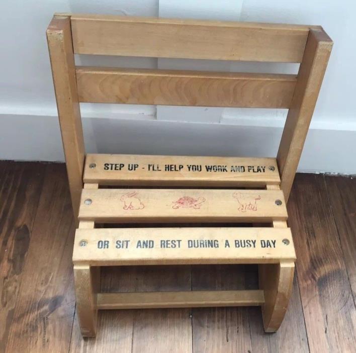 Vintage Wood Childs Step Stool Converts Folds to Seat Bench with Quote
