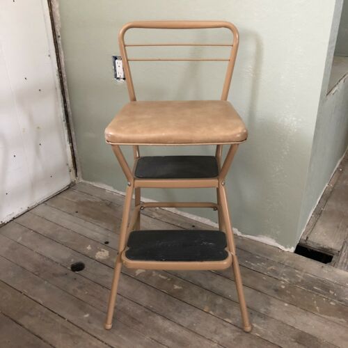 Vintage Mid Century Cosco 2-Step Stool Chair Flip Up Original Seat Tan Nice!