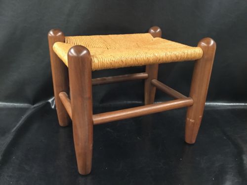 Sturdy Solid Mid Century Teak Foot Stool Woven Rush Seat