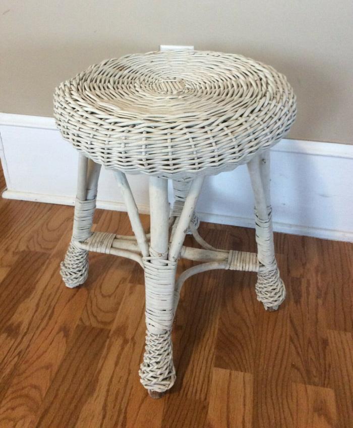 Vintage White Wicker Round Stool Table Stand Shabby Chic
