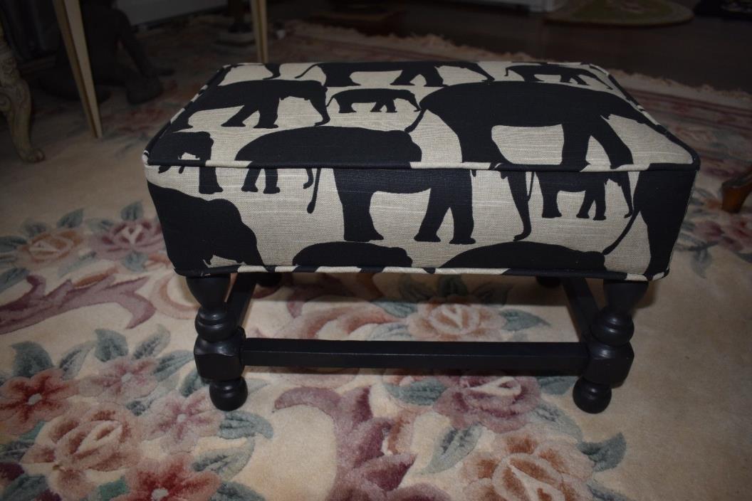 REDUCED!!!  Vintage Painted Wooden Stool Upholstered in Elephant Print Fabric
