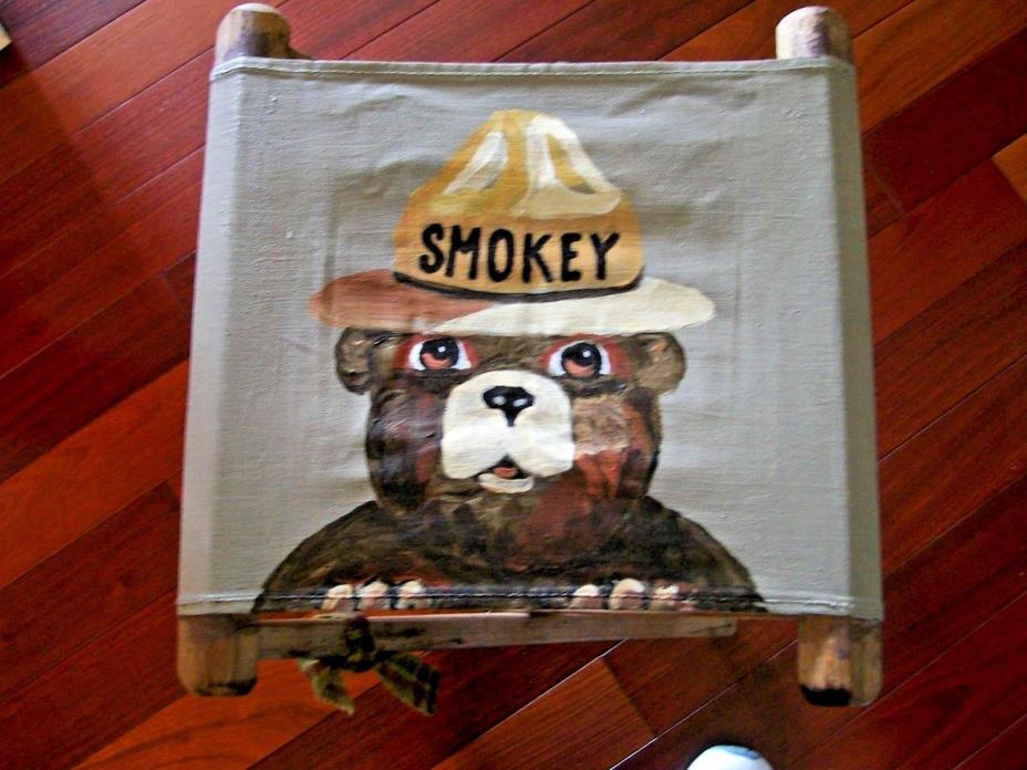 SMOKEY BEAR Hand painted Camping Stool for Child - canvas seat - 16