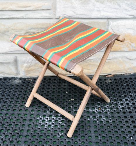 VTG Primitive Rustic Canvas Wooden Folding Hunting Fishing Stool Chair Seat