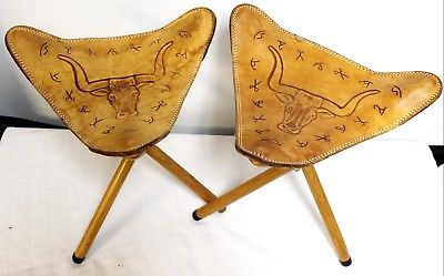 Pair Leather Tripod Stools Seats Folding Chair Western Bulls Country Hand Tooled