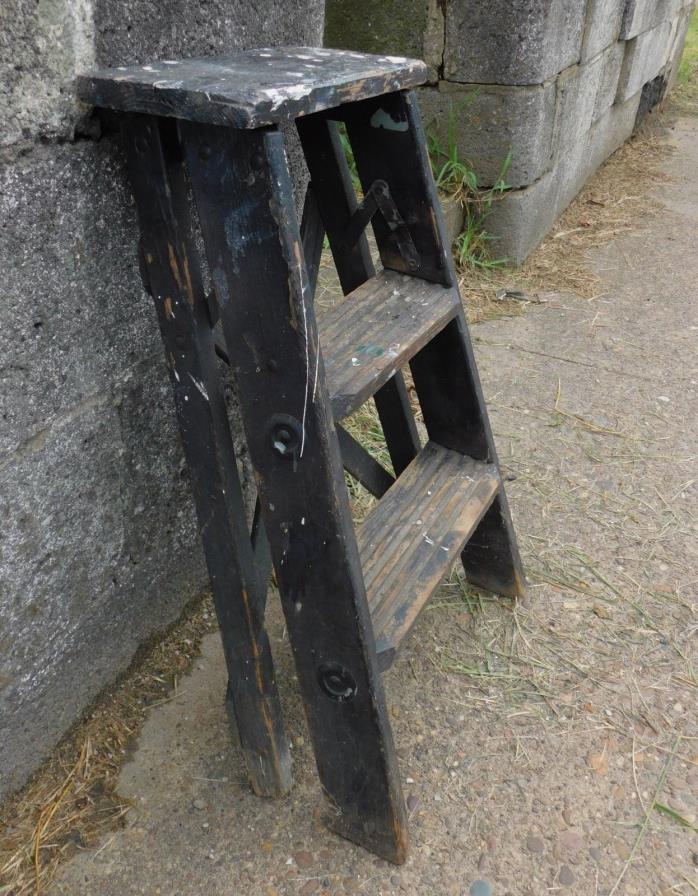 Vintage Black Painted Wooden Folding Step Ladder