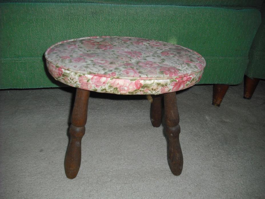 VINTAGE SMALL STOOL W/ 4 LEGS, FLORAL PRINT. MAYBE SEWING STOOL, MILKING STOOL.