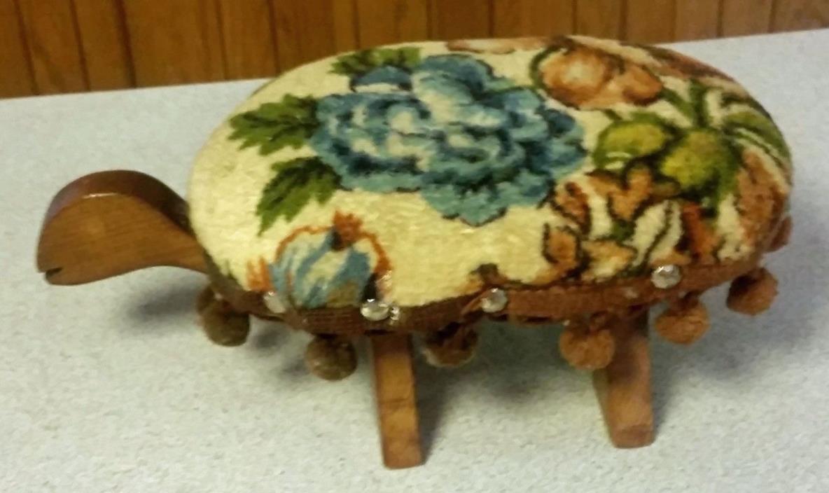Vintage Handmade Primitive Wooden Turtle Stool Brads Floral Cushion & Pompoms