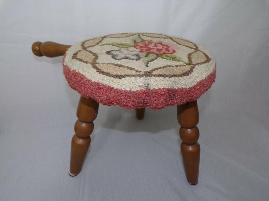 Vintage Wood Milking stool / Three Legged stool with handle and knitted top