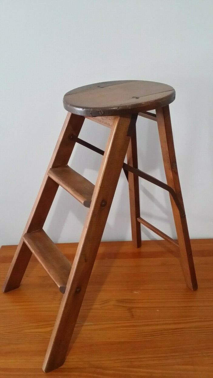 Vintage 1913 Hard Wood Folding Ladder Stool > Antique Old Plant Stand JRG