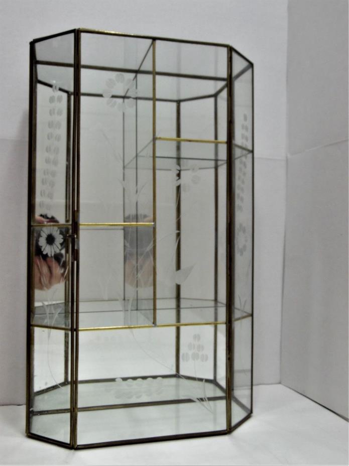 Vintage Curio Cabinet Shadowbox Display Case Brass Etched Glass Wall Mount Table
