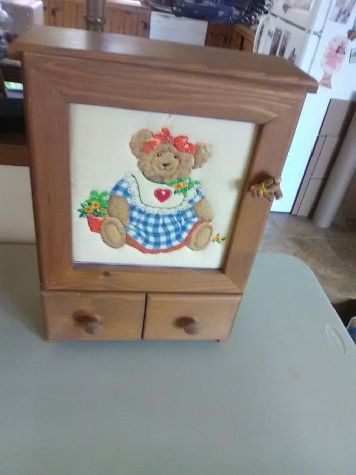 Small Wood  Cabinet with Door and Drawer and Quilted Bear