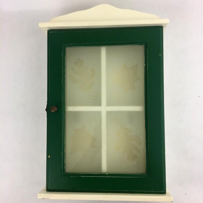 Wall Curio Display Key Cabinet Wood Frosted Glass Doors Green Vintage
