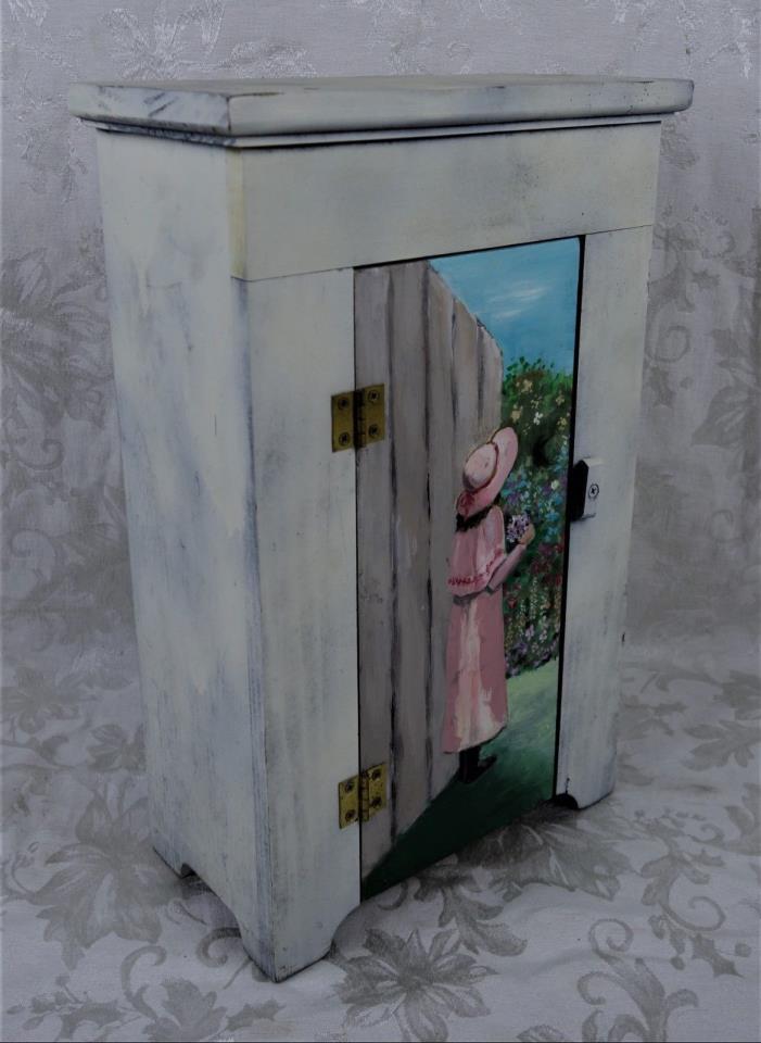 Vintage Folk Art Painted Cabinet Cupboard Little Girl Painting