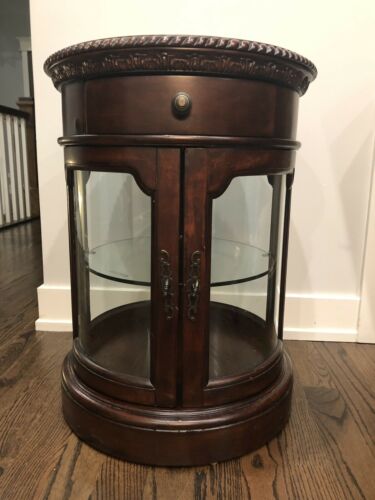 Bombay Ventra Round Curio Cabinet Barrel Shaped With Curved Glass Marble Top 28”