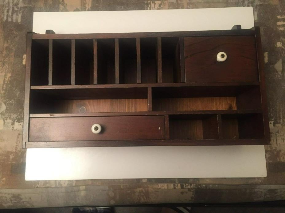Vintage Primitive Wood Desk Organizer Mail Letter Craft Shelf Cabinet 2 Drawer