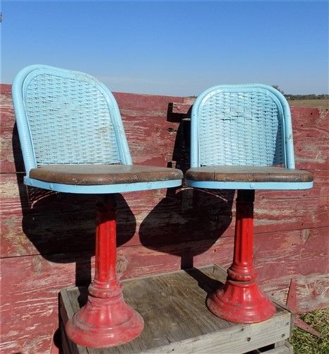 2 Swivel Stools Drug Store Soda Fountain Counter Bar Retro Blue Wicker Chairs